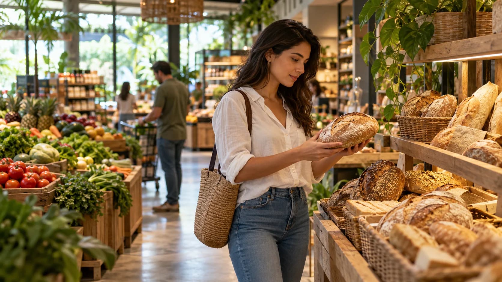 Una clienta ficticia elige pan en un comercio de alimentos. Ilustración generada con IA. Personas y lugares ficticios; no es una fotografía de Casa Rica ni una recreación de hechos.