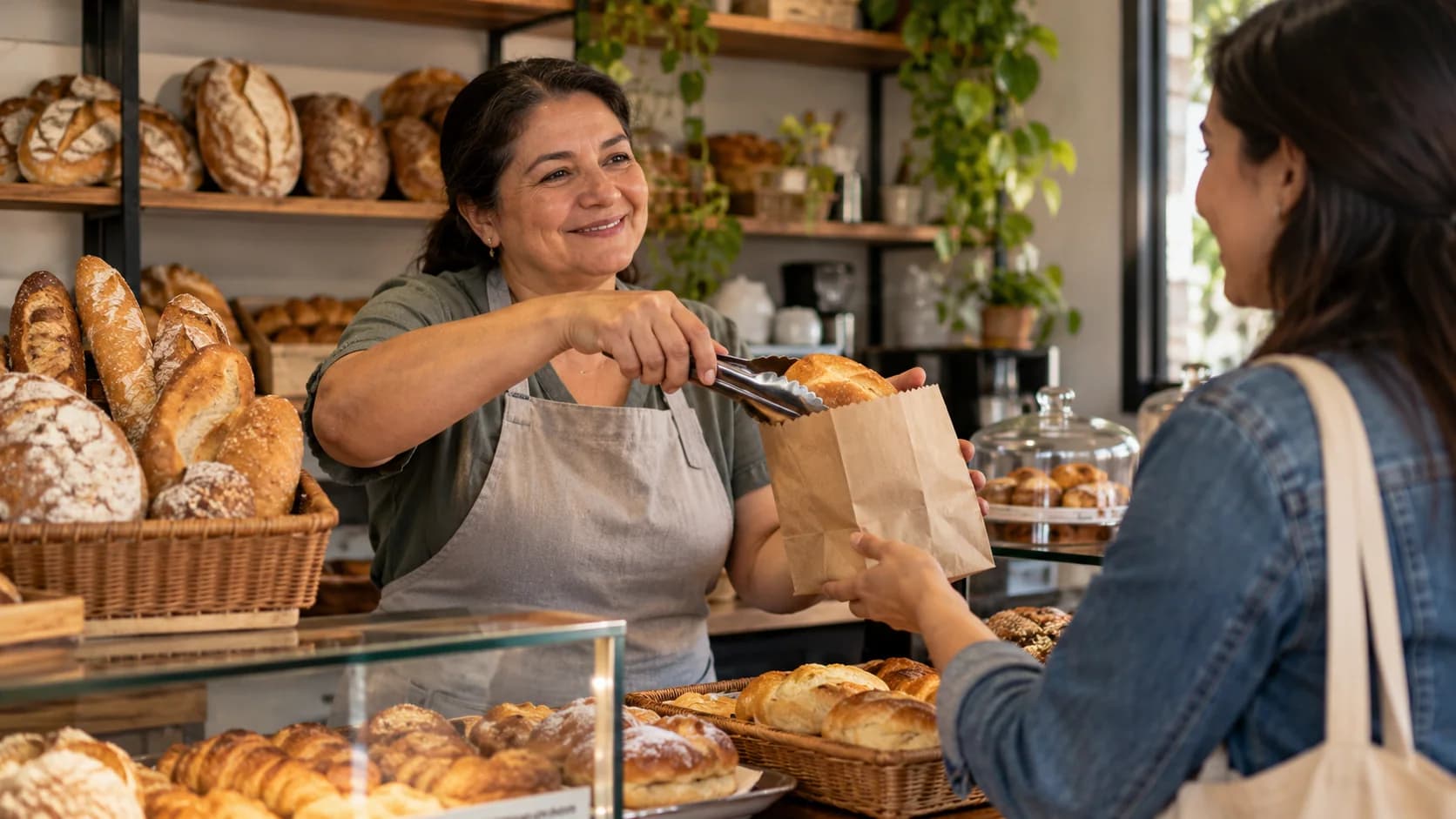 Una mujer entrega un producto a una clienta en una panadería ficticia. Ilustración generada con IA. Personas y lugares ficticios; no es una fotografía de Casa Rica ni una recreación de hechos.