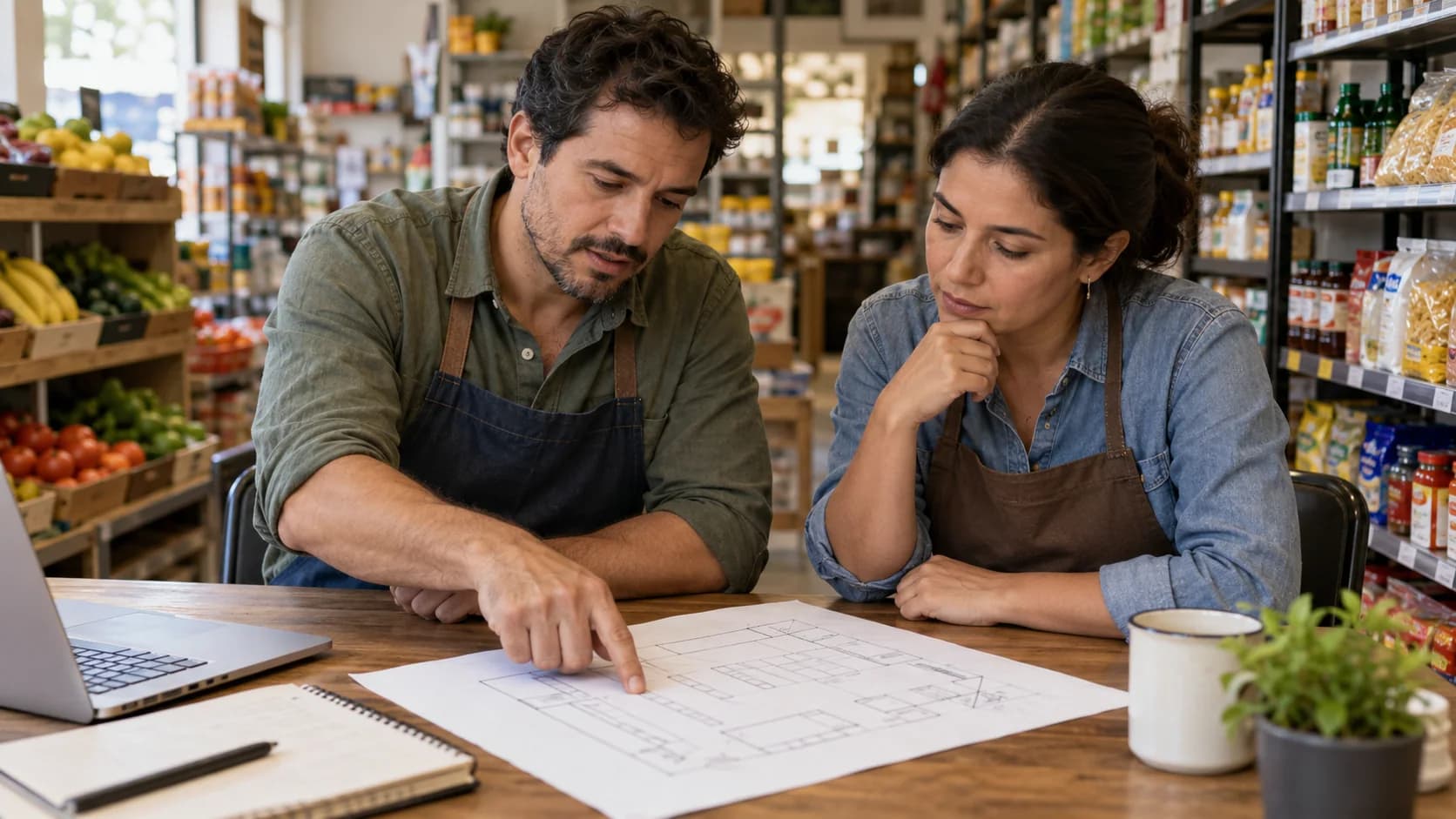 Dos responsables ficticios de una tienda revisan un plano. Ilustración generada con IA. Personas y lugares ficticios; no es una fotografía de Casa Rica ni una recreación de hechos.