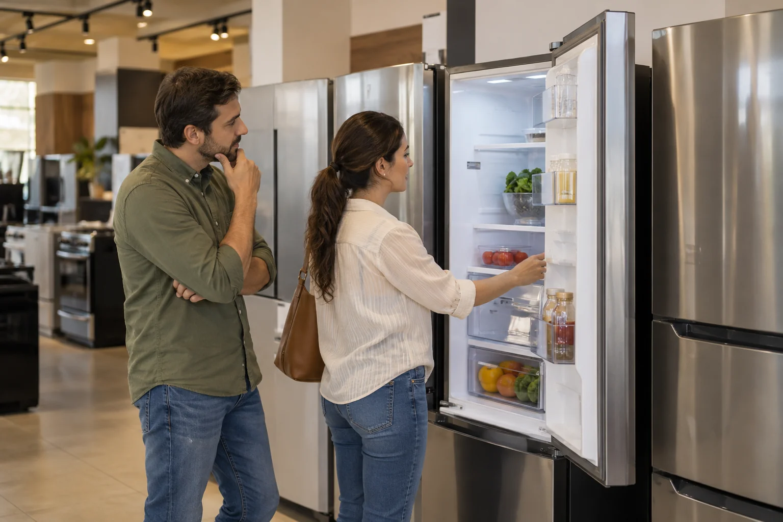 Two fictional shoppers compare refrigerators in a store. AI-generated illustration. People, stores and facilities are fictional; this is not a photograph of Inverfin.