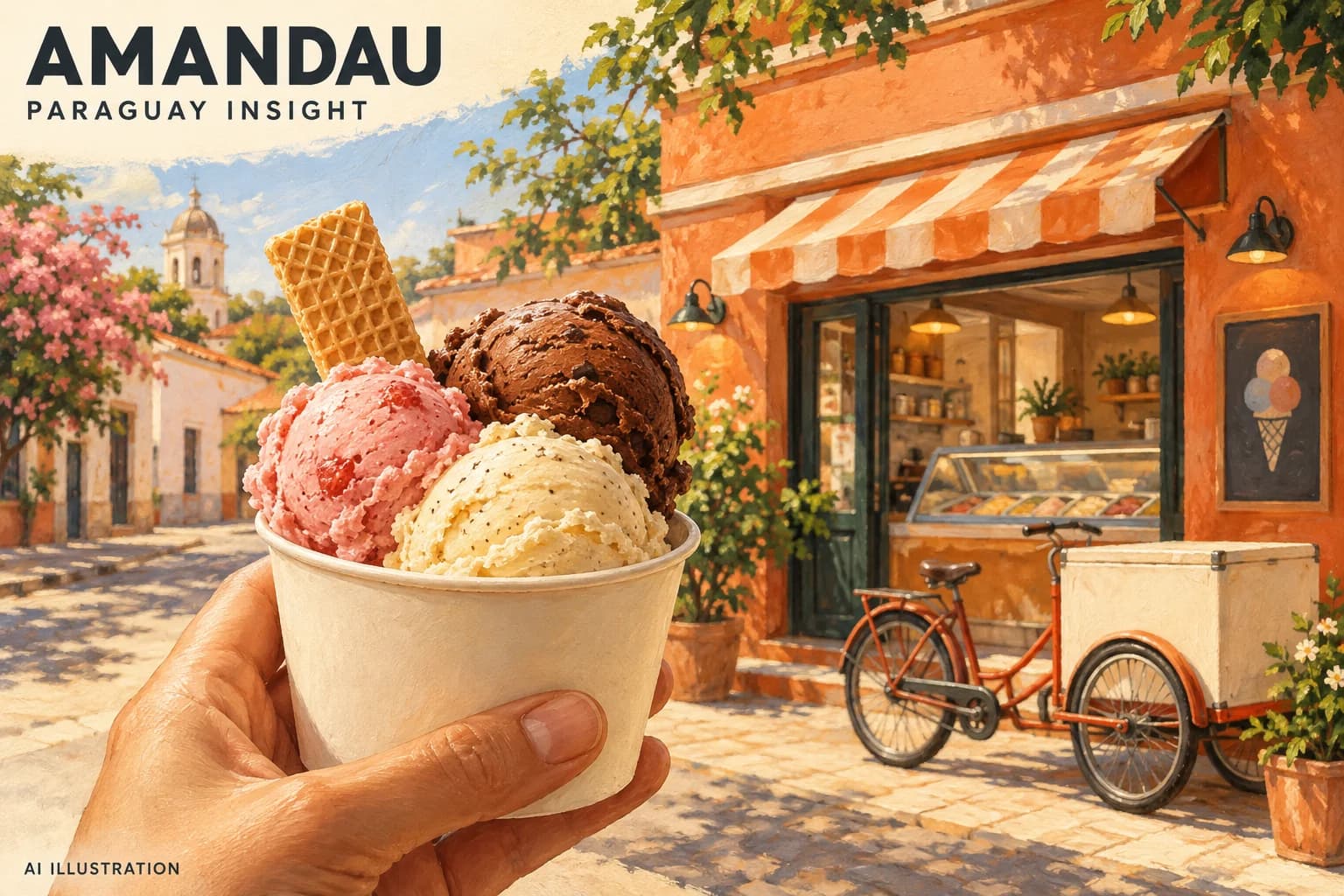 AI-generated explanatory illustration: A hand holding ice cream in front of a fictional shop