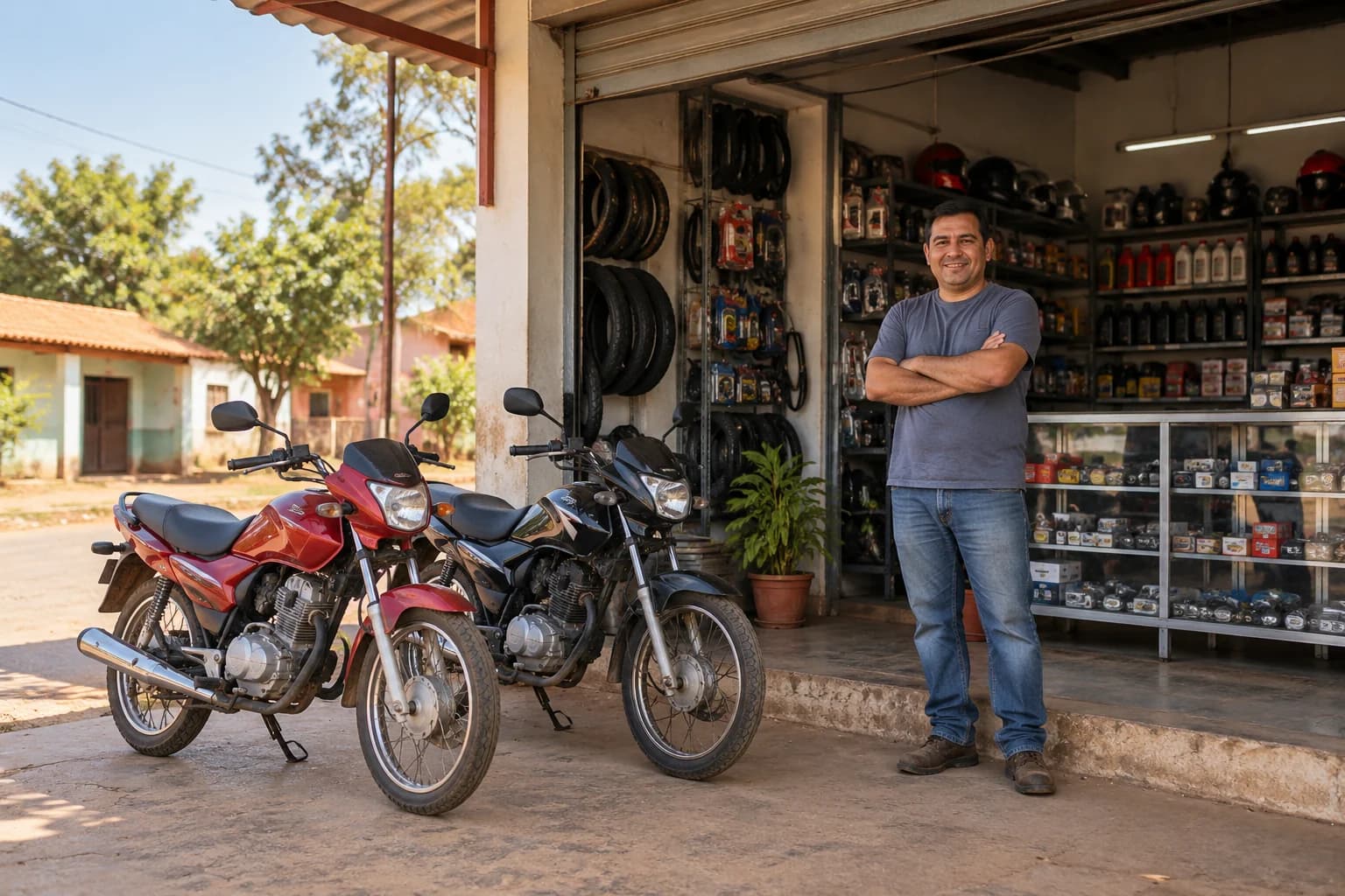 Un comerciante ficticio frente a una pequeña tienda de motos y repuestos. Ilustración generada con IA. Personas, locales e instalaciones ficticios; no es una fotografía de Inverfin.